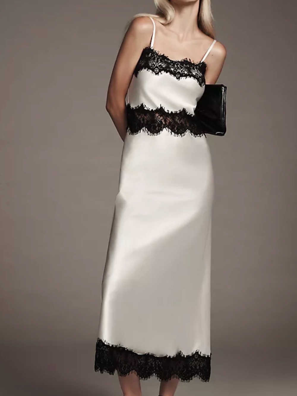 Anthropologie Ivory Slip Dress with Black Lace Trim
